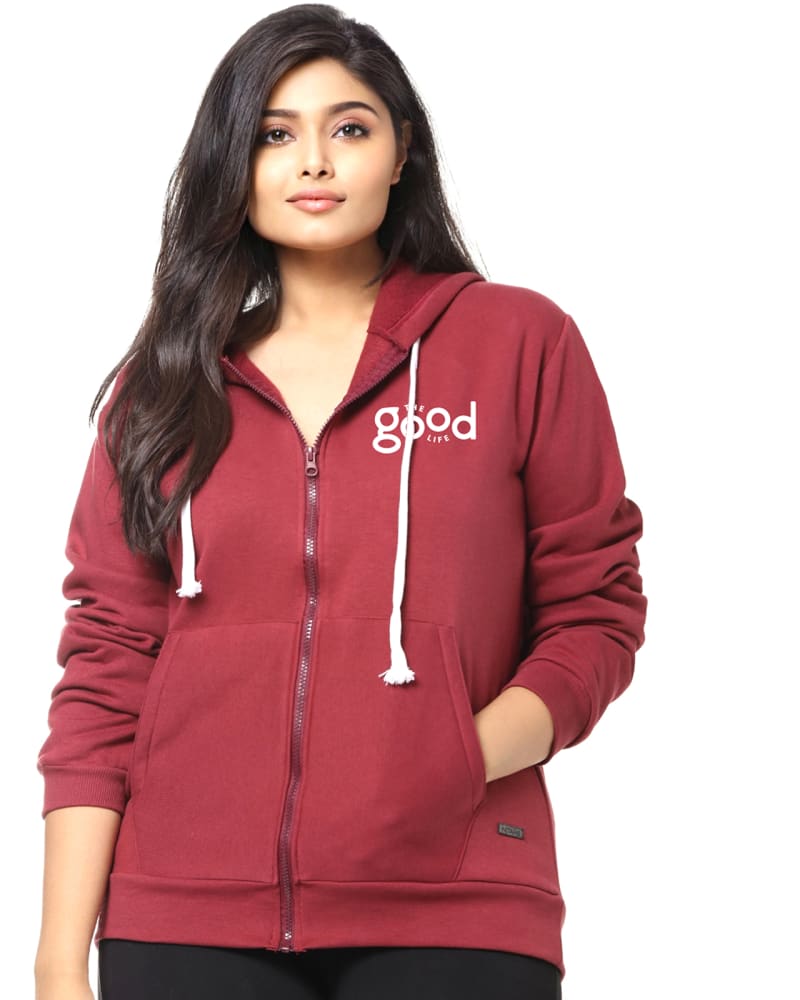 Front of a model wearing a size 3XL Maroon "The Good Life" Front Zipper Sweatshirt in New Wine by Instafab Plus. | dia_product_style_image_id:298144